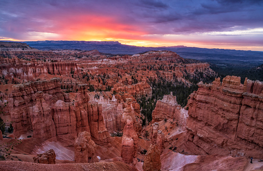 A beautiful and colorful sky at sunrise over Bryce Canyon National Park, Utah.