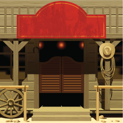 Vector iimage of the door of the Saloon in Wild West with a red signboard. Zip-file includes: AI (v.8), JPEG (5000x5000)