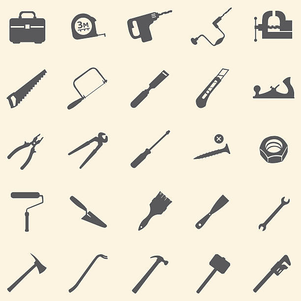 vektor-satz von 25 werkzeug icons - armsaw stock-grafiken, -clipart, -cartoons und -symbole