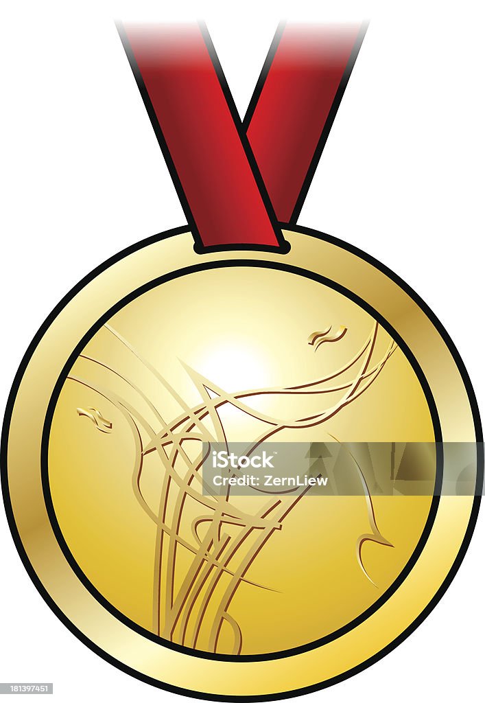 Gold medal A shiny gold medal with a modern abstract design and a red satin ribbon. Shown front-on. Achievement stock vector