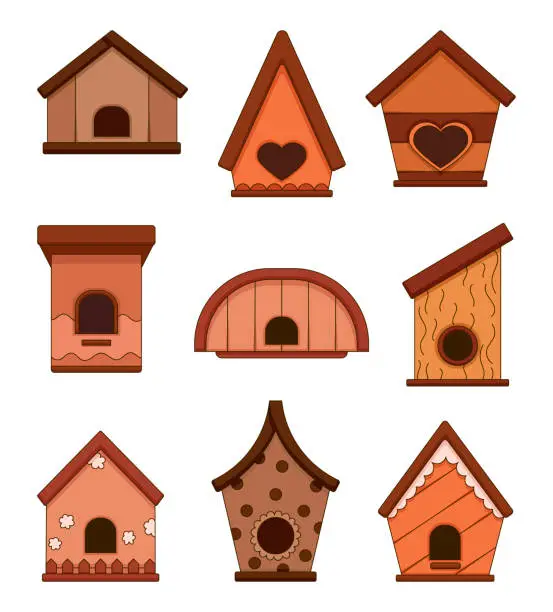 Vector illustration of Crafted birdhouse with feeder. Wooden house for bird. Hand drawn style. Vector drawing. Collection of design elements.