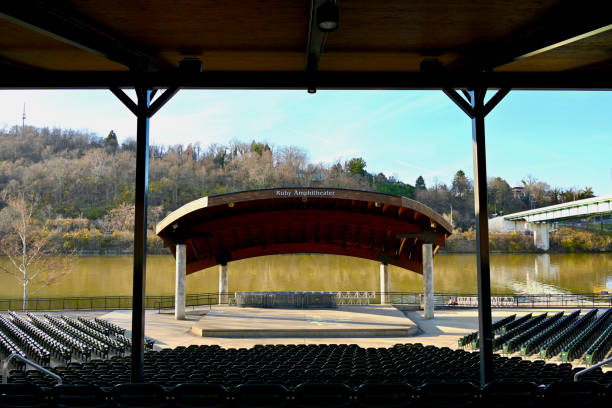 Morgantown, West Virginia, USA - November 25, 2023: The Hazel Ruby McQuain Riverfront Park Amphitheater is a popular venue along the Monongahela River during the Spring and Summer months.