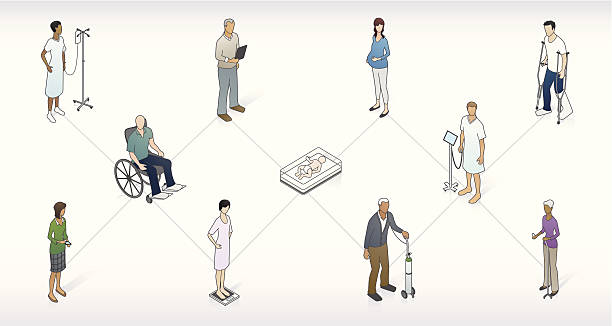 Patient Network Illustration Various healthcare patients are connected within a network. Includes EPS10 and high-quality JPEG. person oxygen tank stock illustrations
