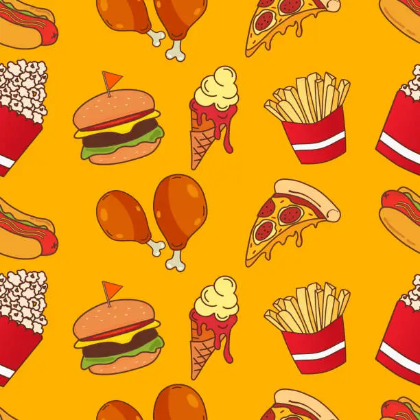 Vector illustration of Fast food elements seamless pattern on yellow background vector illustration. Easily modifiable vector elements.