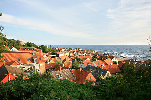 gudhjem con red cubiertas por la mañana, bornholm, dinamarca - denmark house cottage rural scene fotografías e imágenes de stock