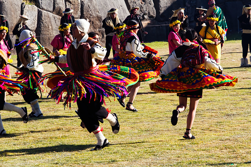Inti Raymi Festival Cusco Peru South America Men And Women Dancing In Colorful Traditional Costume