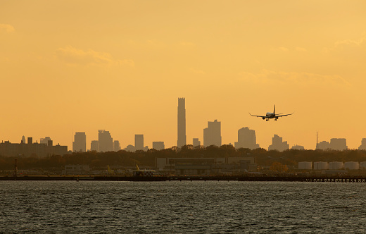 Airplane landing at LaGuardia Airport in New York City