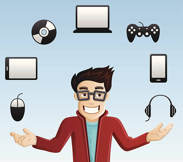 веселый компьютер geek-жонглирование гаджеты - nerd men computer cheerful stock illustrations