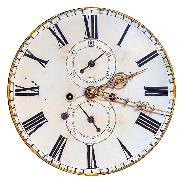 Isolated antique clock face with ornate hands Ancient ornamental clock face with roman numbers isolated on a white background clock face photos stock pictures, royalty-free photos & images