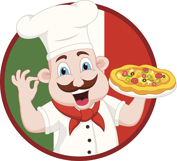 Chef personaje de historieta con la Pizza - ilustración de arte vectorial