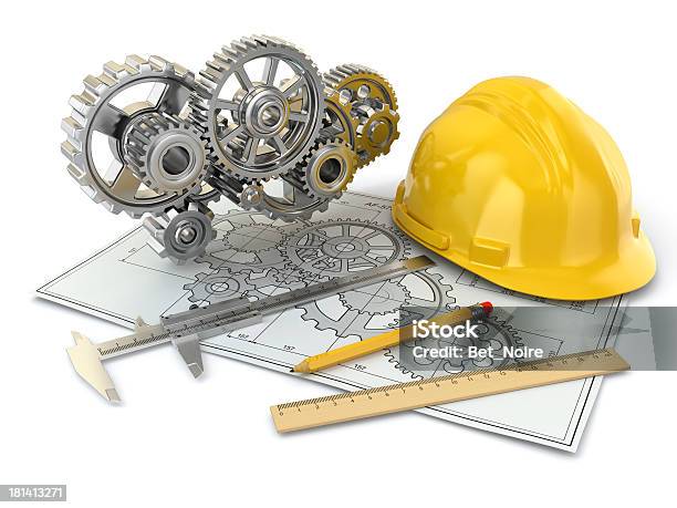 Technische Zeichnung Ausrüstung Bauarbeiterhelm Bleistift Und Vorschlag Stockfoto und mehr Bilder von Maschinenteil - Ausrüstung und Geräte