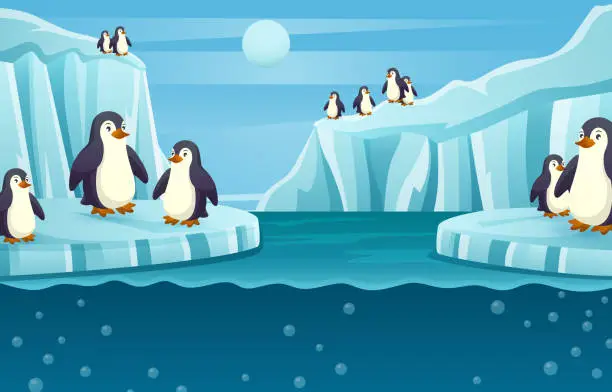 Vector illustration of Group of penguin in antarctica scene . Vector .