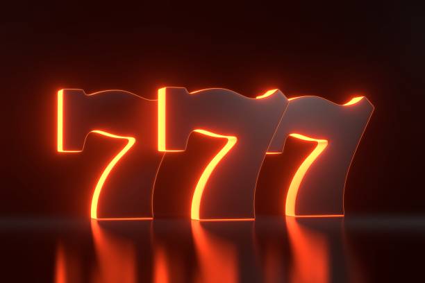 istock Three lucky sevens with neon orange lights on black background 1814197569