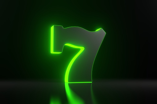 Lucky seven with neon green lights on black background. Casino symbol. 3D render illustration