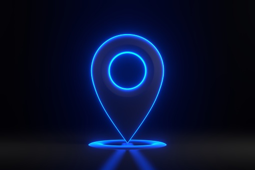 Map pointer with bright glowing futuristic blue neon lights on black background. Map marker icon. 3D render illustration