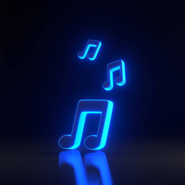 istock Musical notes fly with bright glowing futuristic blue neon lights on black background 1814199017