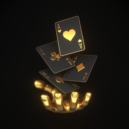 Playing cards with golden hand on a black background. Casino cards, blackjack, poker. 3D render illustration