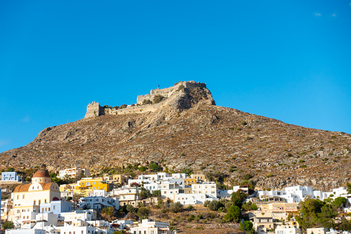 Leros Island, Greece - November 5, 2023: view of the imposing Palaiokastro fortress on the heights of the island of Leros