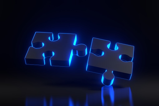 Flying puzzle with bright glowing futuristic blue neon lights on black background. 3D render illustration