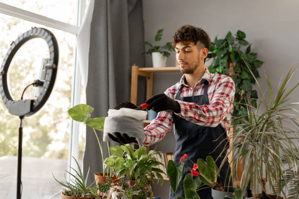 un jardinero árabe masculino influencer filma un video para blog que da recomendaciones sobre cómo trasplantar una flor en maceta - filipino ethnicity asian ethnicity men male fotografías e imágenes de stock