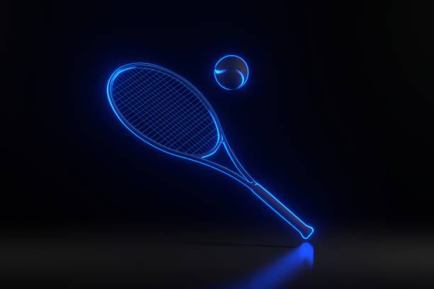 raquette de tennis et balle de tennis avec des néons bleus futuristes brillants sur fond noir - tennis ball court tennis tennis racket photos et images de collection