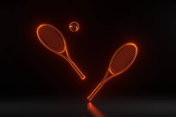 raquette de tennis et balle de tennis avec des néons orange futuristes brillants sur fond noir - racket sport tennis ball tennis equipment photos et images de collection