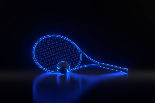 raquette de tennis et balle de tennis avec des néons bleus futuristes brillants sur fond noir - tennis ball court tennis tennis racket photos et images de collection