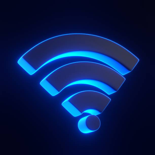 istock Wireless network symbol with bright glowing futuristic blue neon lights on black background 1814216881