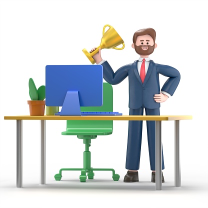 3D illustration of smiling bearded american businessman Bob with trophy, award certificate stand near table in office workplace. Office desk computer chair, lamp cactus document papers. Modern business workspace.