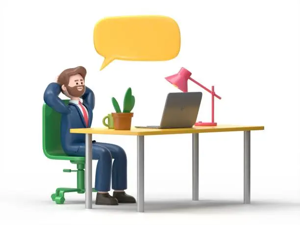 Photo of 3D illustration of smiling bearded american businessman Bob Business employee bored at work. Office work life concept. 3D rendering on white background.