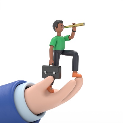 3D illustration of handsome afro man David with briefcase on hand looking for opportunities in spyglass. Business man with telescope. Searches new perspectives in future. Teamwork, leadership, visionary.