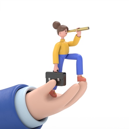 3D illustration of smiling Asian woman Angela with briefcase on hand looking for opportunities in spyglass. Business man with telescope. Searches new perspectives in future. Teamwork, leadership, visionary.