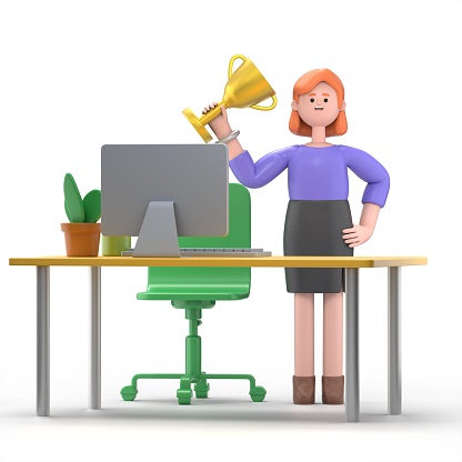 3D illustration of smiling European businesswoman Ellen with trophy, award certificate stand near table in office workplace. Office desk computer chair, lamp cactus document papers. Modern business workspace.