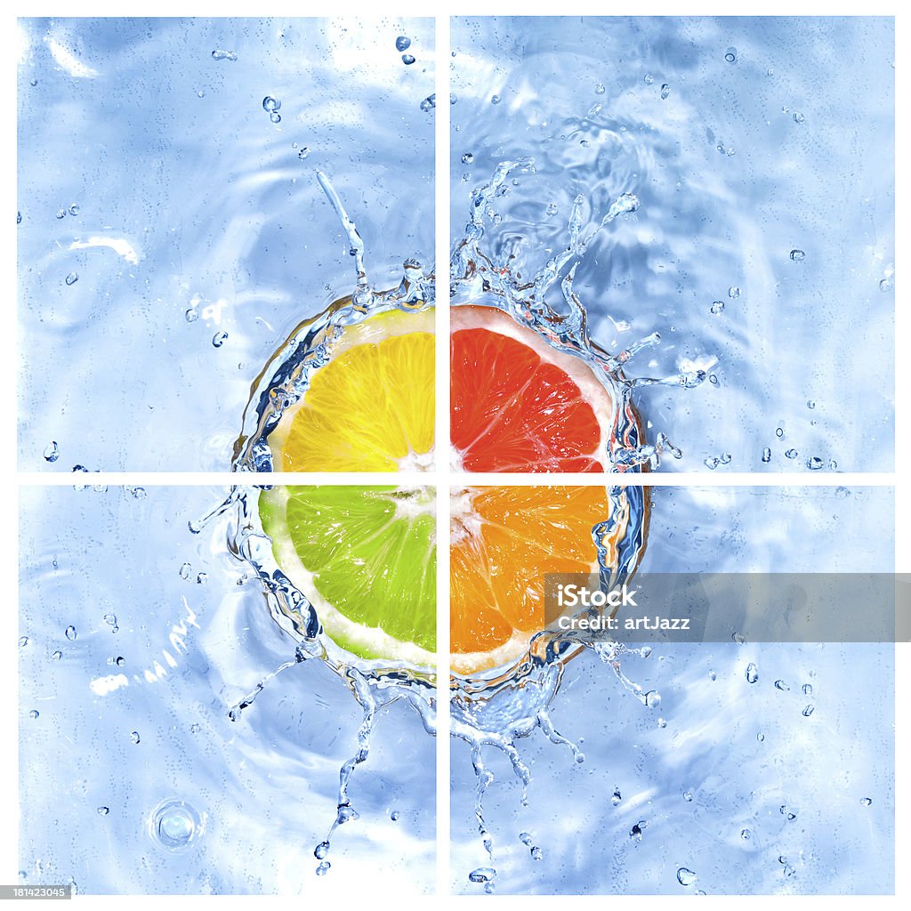 mix di agrumi cadere in acqua con le bollicine isolate - Foto stock royalty-free di Acqua