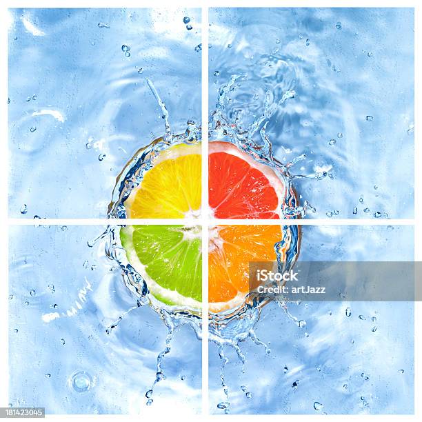 Mix Di Agrumi Cadere In Acqua Con Le Bollicine Isolate - Fotografie stock e altre immagini di Acqua