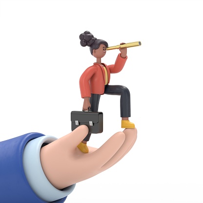 3D illustration of african woman Coco with briefcase on hand looking for opportunities in spyglass. Business man with telescope. Searches new perspectives in future. Teamwork, leadership, visionary.