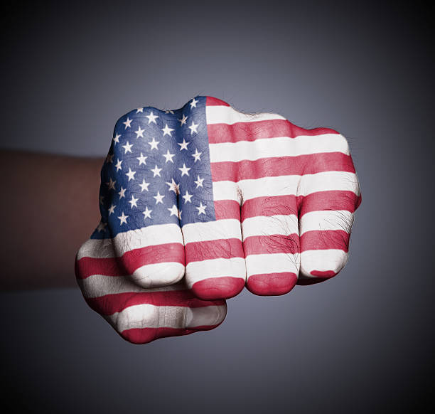 istock Front view of punching fist on gray background 181423342