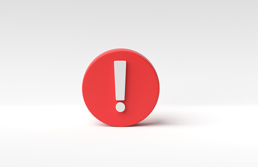 exclamation mark on red circle isolated on white background. Error alert, exclamation mark concept. 3D rendering, 3D illustration.
