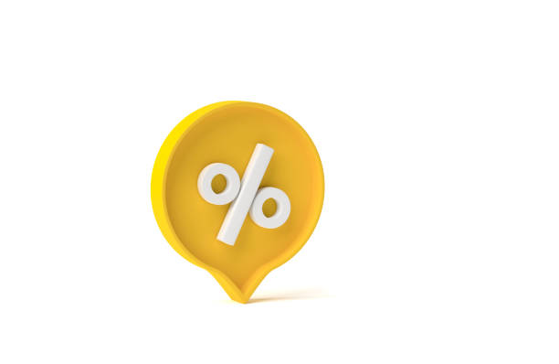 percent sign inside of a yellow pin on white background. minimal concept. 3d rendering, 3d illustration. - costless imagens e fotografias de stock