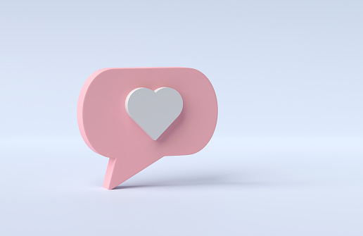 3D rendering, 3D illustration. Love, like social media notification icon. Heart inside of pin on light blue background. Minimal concept