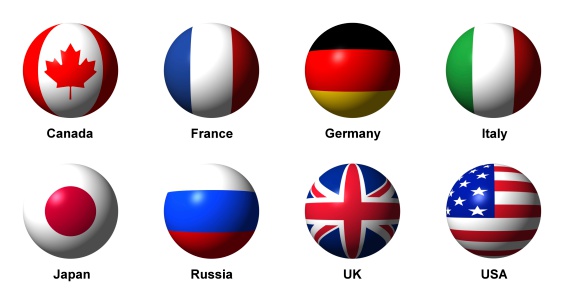 Collage of flags of the G8 countries with english labels