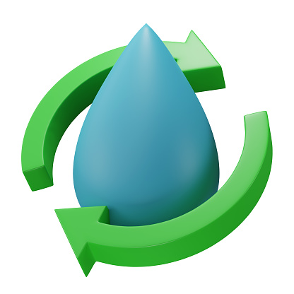 3D render, Water drop with arrows rounded isolated on transparent background. Concept of Renewable natural resource, water recycling, ecology.