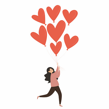 Vector illustration. Happy girl with balls in the form of hearts