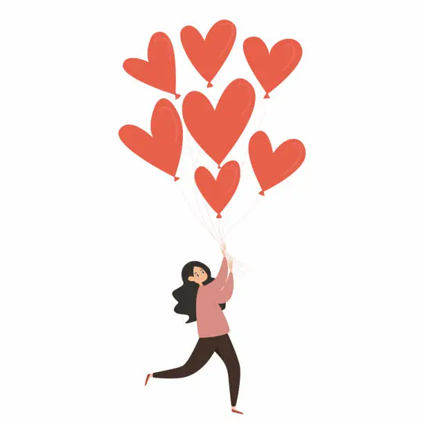 Vector illustration of Vector illustration. Happy girl with balls in the form of hearts