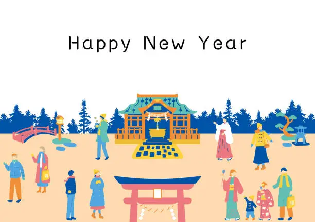 Vector illustration of People in Japan Enjoying Hatsumode (New Year's Shrine Visit)