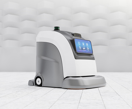 Autonomous Robot Cleaner equipped with touchscreen. Generic design. 3D rendering image.