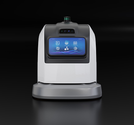 Front view of Autonomous Robot Cleaner with touchscreen on black background. Generic design. 3D rendering image.