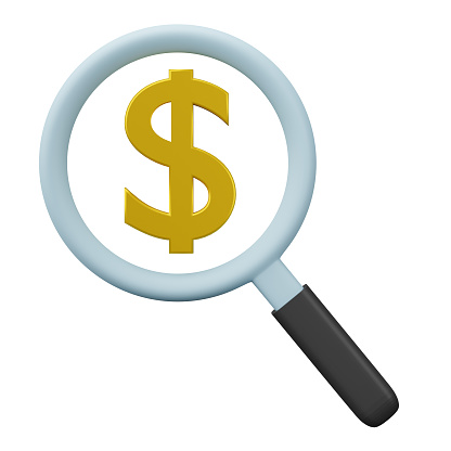 Dollar sign and Magnifying glass, Isolated on transparent background. 3D render Illustration.