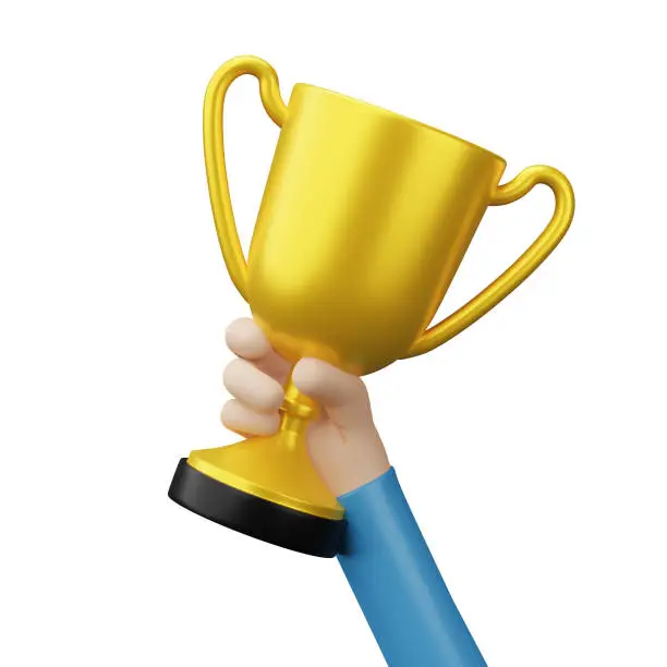 Photo of Hand holding golden champion trophy cup award. Concept of Winner prize, sport award, success. 3D render Illustration.