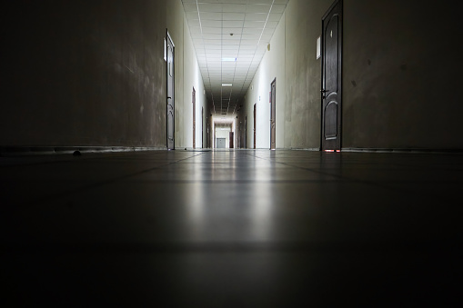 Corridor of an office building with poor lighting
